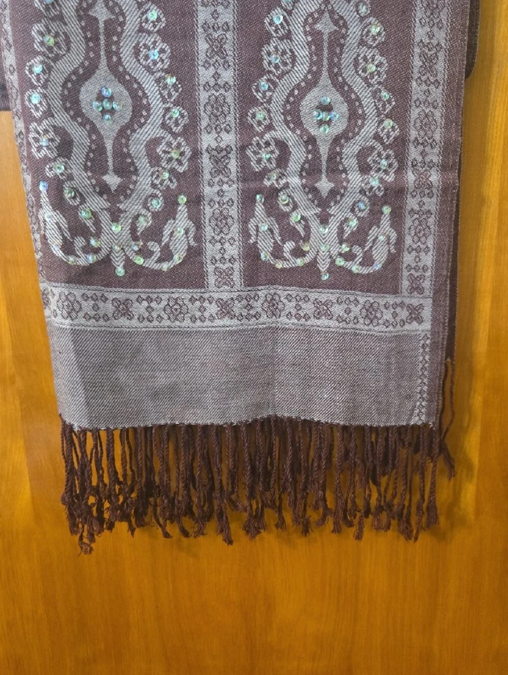 Embellished Paisley Fringe Scarf in Brown and Cream